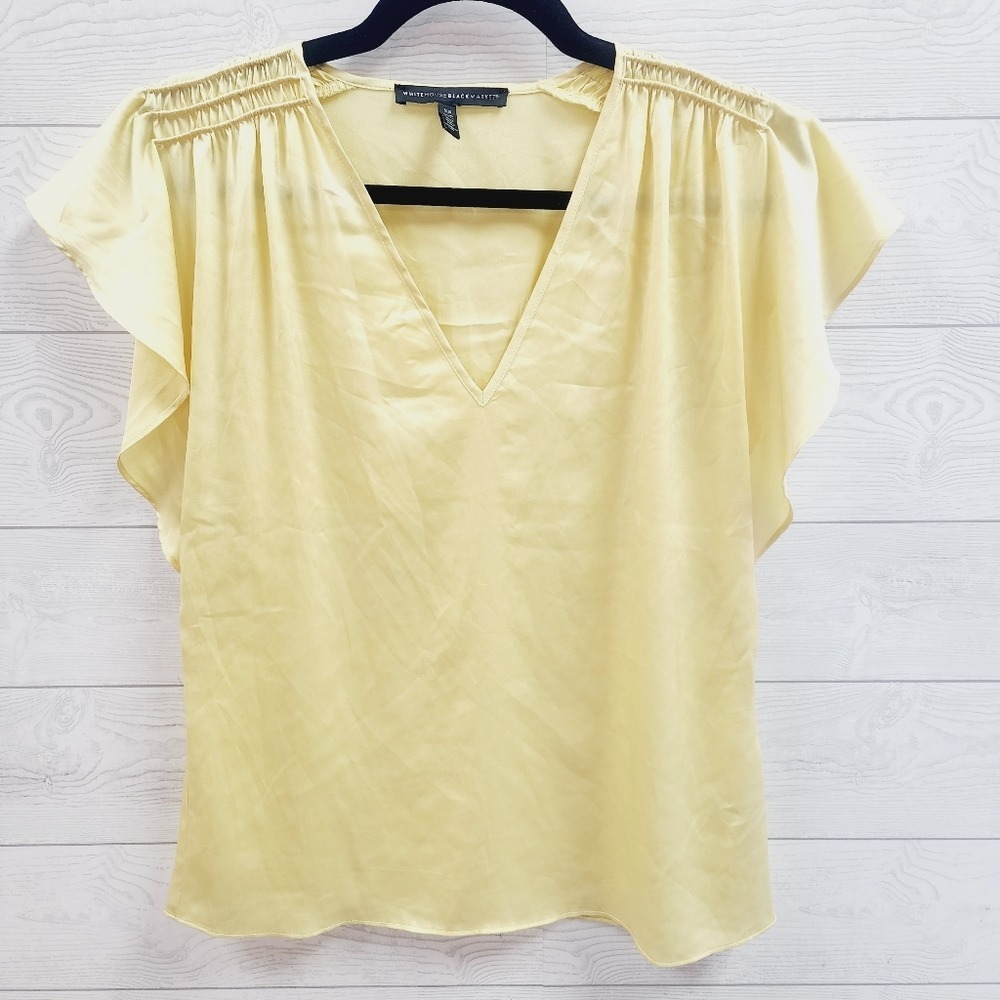 White House Black Market Yellow Flutter Sleeve V-Neck Satin Blouse Womens XS